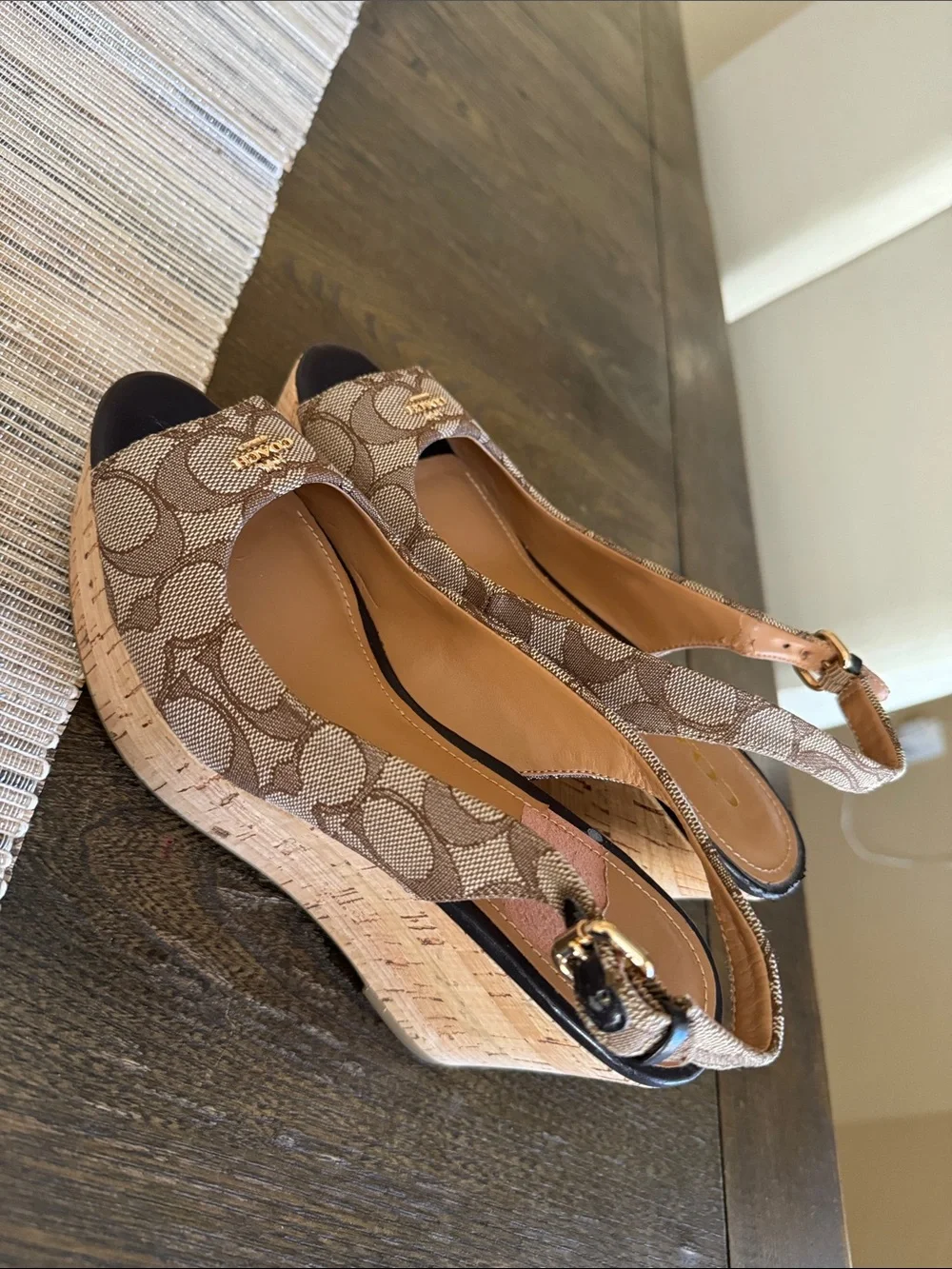 COACH Brown Signature Canvas Peep-Toe Slingback Wedges - Picture 4 of 9